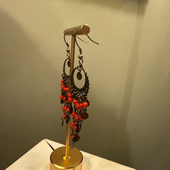 Vintage Y2K Banana Republic Bronze/Red Chandelier Earrings 3.5” drop - Picture 4 of 6